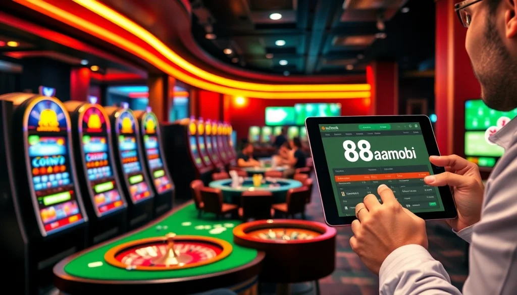 Casino scene showcasing diverse gambling activities, featuring '88aa mobi' as a mobile betting tool, with players at poker and slot machines.