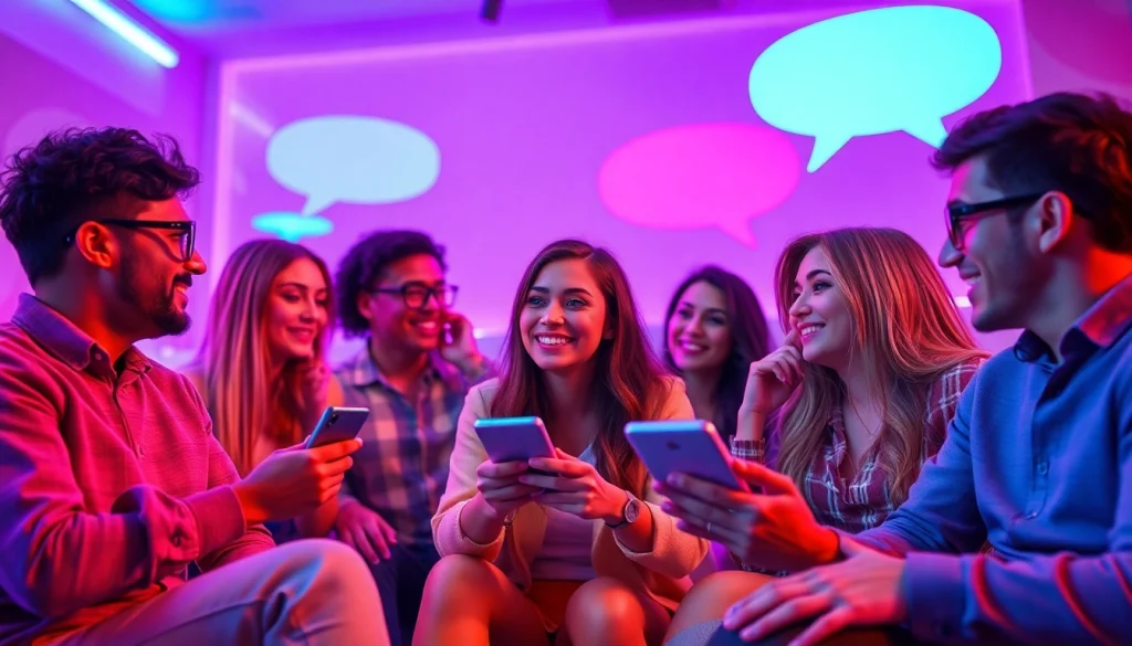Dynamic sex chat environment with diverse participants in vibrant colors.