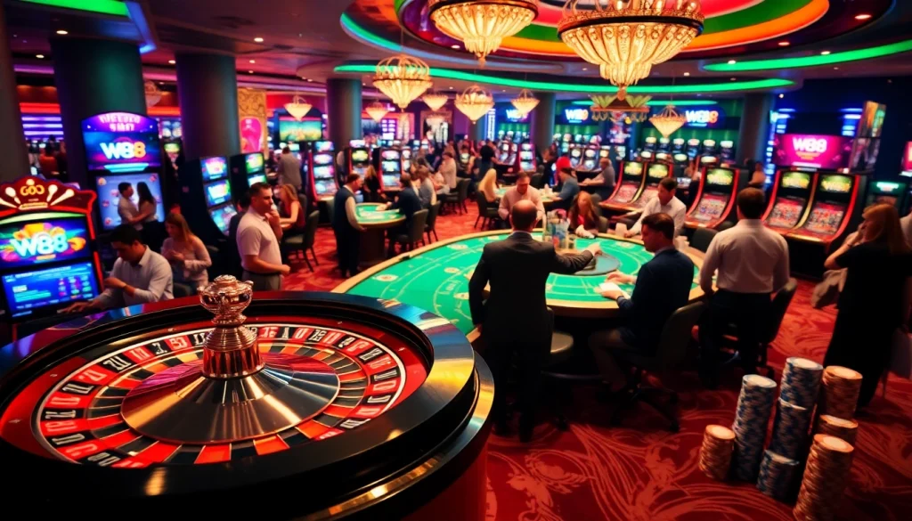 W88 gaming scene with vibrant roulette and poker tables in a lively casino atmosphere.