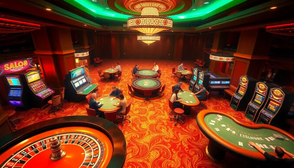 ALO8 enhances the casino atmosphere with players around poker tables, enjoying vibrant gaming experiences.