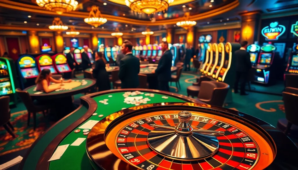 Players enjoy a thrilling game at a KUWIN-themed poker table amid a vibrant casino atmosphere.