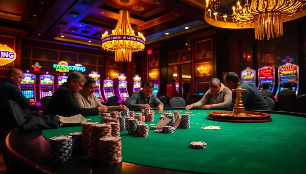 Experience the thrill of winning with 79KING at an upscale poker table in a vibrant casino setting.