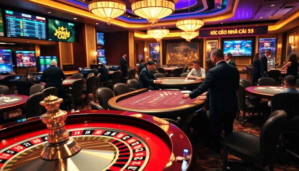 Kèo Nhà Cái 5 shines in this exciting casino scene filled with thrilled players at tables.